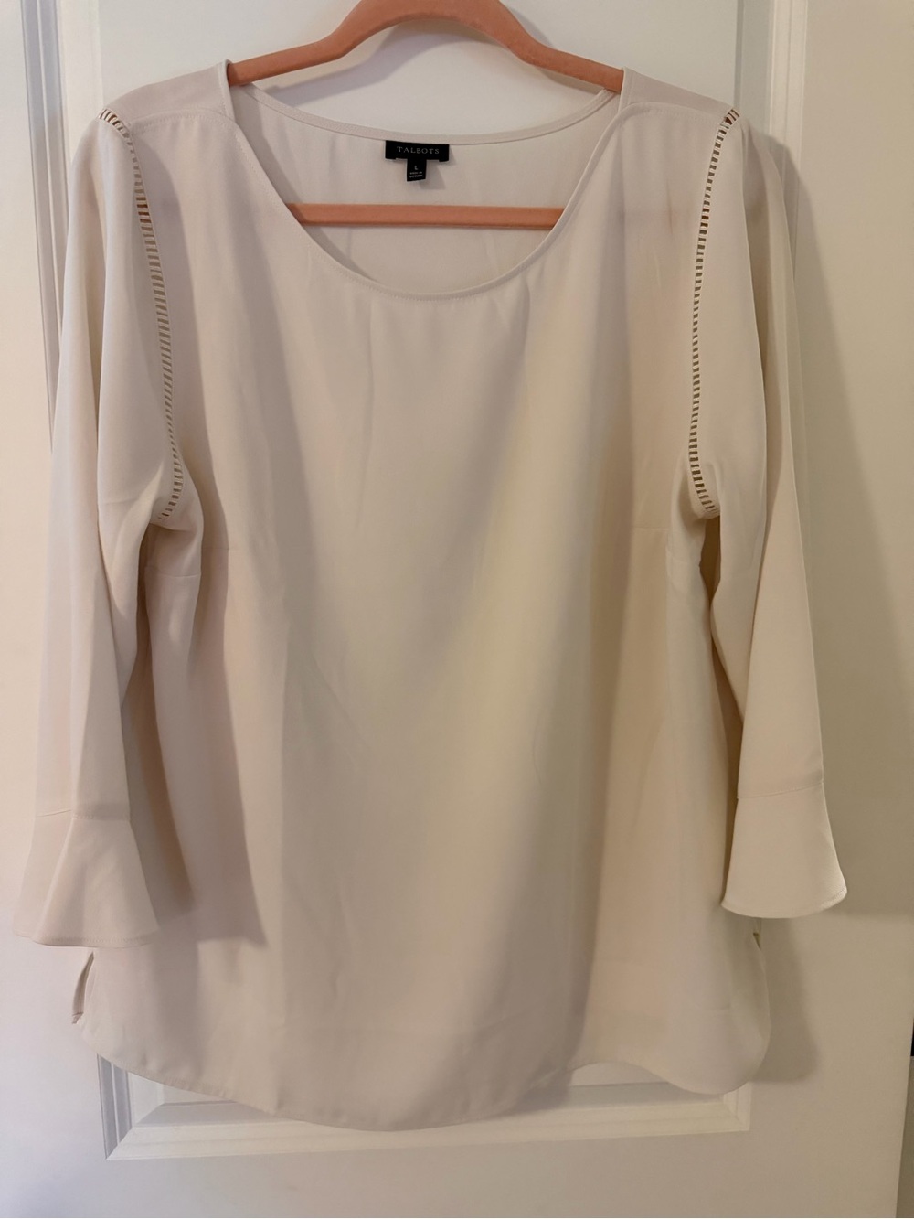 Talbots Ivory Long-Sleeve Blouse with Cutout Trim, Size L